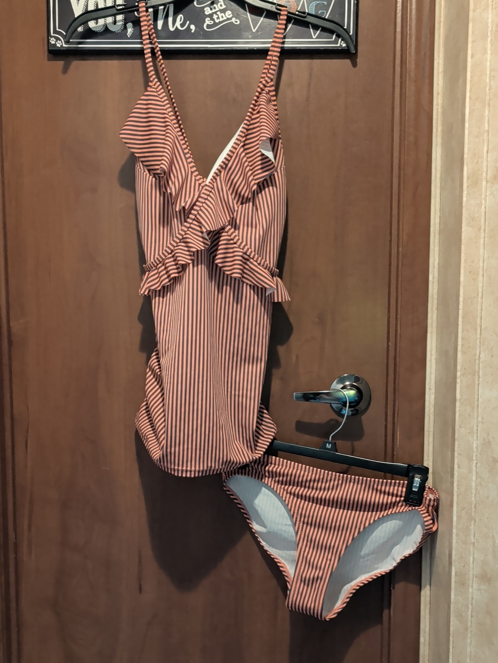 Motherhood Maternity Pink and Blue Striped Ruffle Maternity Tankini